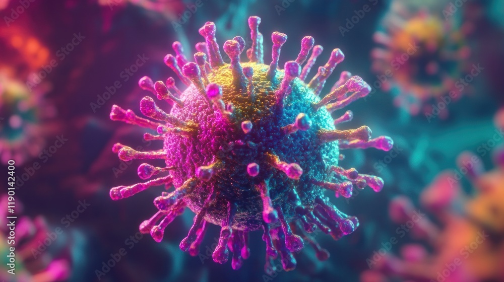 Poster microscopic view of a coronavirus particle detailed 3d render of virus structure and surface spikes