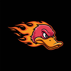A stylized cartoon duck head engulfed in flames serves as a powerful mascot design.