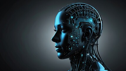 Futuristic design of a human like robot head featuring detailed circuitry illuminated in blue symbolizing advanced technology and artificial intelligence concepts