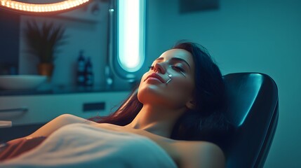 Serene Moment of a Beautiful Woman Relaxing in a Chic Beauty Salon with Soft Lighting and a Calm Atmosphere for Ultimate Pampering Experience