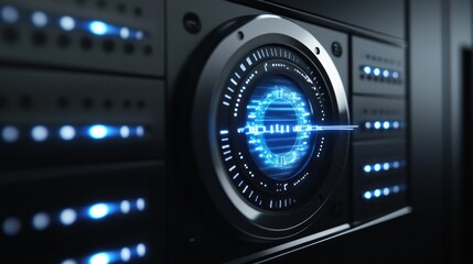 Futuristic digital interface with glowing blue data streams and circular display.