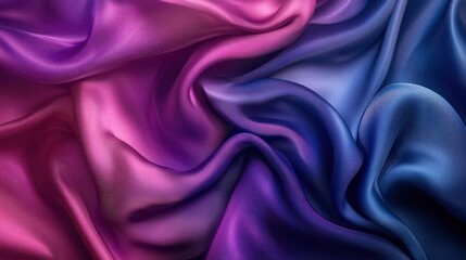 Obraz premium A stunning gradient of dark blue, purple, and pink silk satin fabric, flowing in silky smooth folds, perfect for an abstract and elegant background with room for design elements.