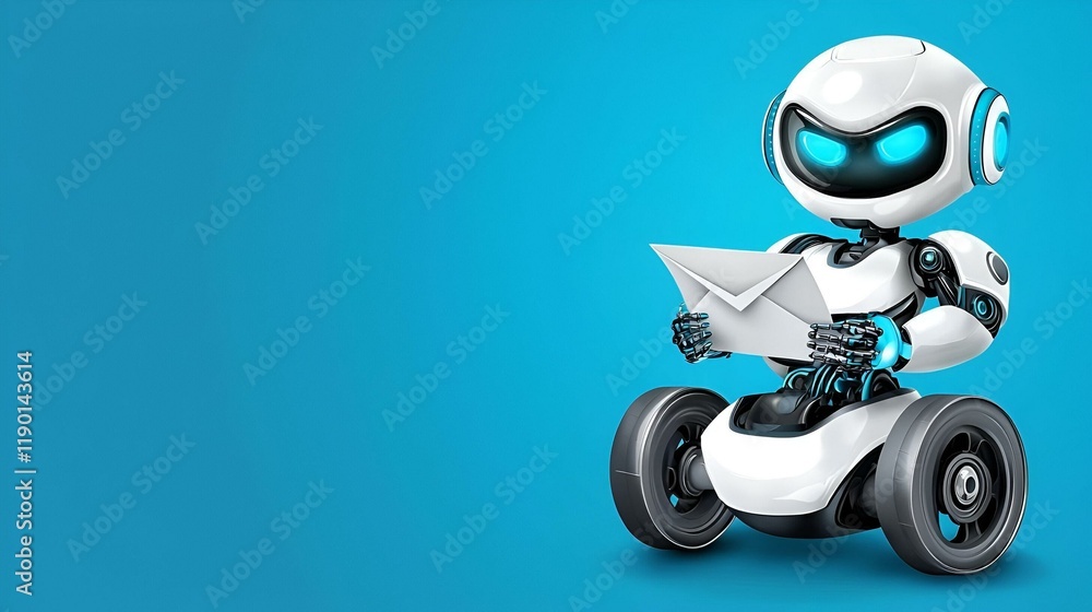 Poster charming robot courier, a whimsical robot on a unicycle, delivering mail with a friendly demeanor an