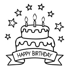 Minimalist Birthday Cake Drawing with Decorative Ribbon and Stars
