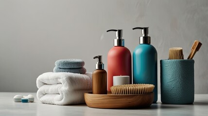 Various toiletries are neatly placed on a bathroom countertop alongside soft towels and decorative items creating a calming atmosphere in daylight