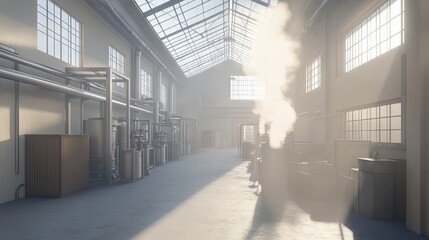 Obraz premium Industrial Warehouse Interior Bathed in Sunlight with Steam and Machinery
