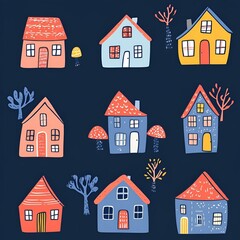 Fototapeta premium Whimsical Paper Cut Tiny Houses, A charming array of intricately designed miniature homes in a playful paper cut style, showcasing vibrant colors and unique shapes.