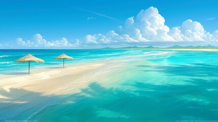 Fototapeta premium Serene Coastal Escape, a picturesque shore adorned with soft golden sands, gentle waves lapping at the shore, and a backdrop of vibrant blue skies, perfect for relaxation.