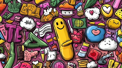Obraz premium Whimsical Collection of Colorful Patches, Pins, Stamps, and Stickers, Showcasing Humor and Unique Designs for Creative Expression