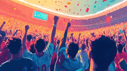 Jubilant crowd celebrating victory in a packed stadium, confetti falling.