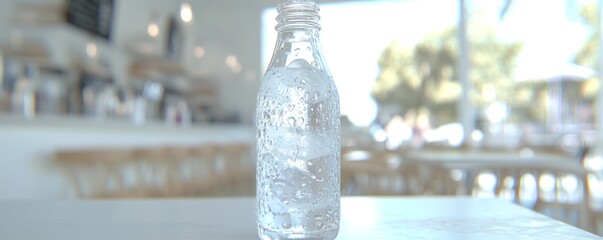 Sparkling Water Bottle on Cafe Table with Blurred Background in a Cozy Setting