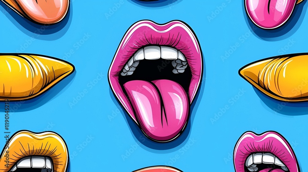 Poster diverse lip expressions, colorful vector design showcasing a range of emotions and styles in seamles