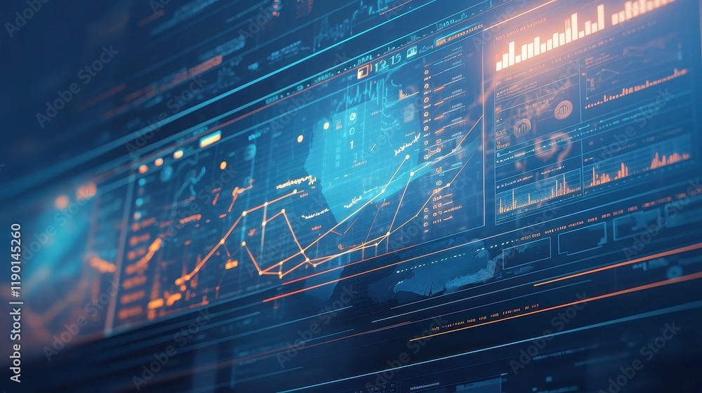 Poster Business Intelligence Dashboard, interactive virtual display showcasing big data insights, featuring dynamic graphs and charts for effective decision-making and analysis.