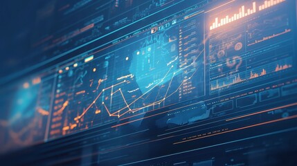 Fototapeta premium Business Intelligence Dashboard, interactive virtual display showcasing big data insights, featuring dynamic graphs and charts for effective decision-making and analysis.