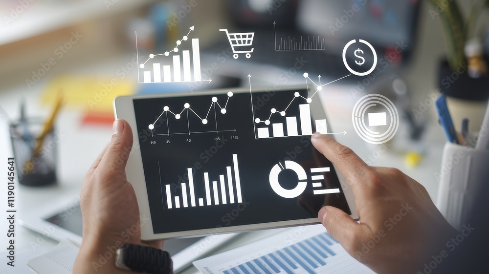 Poster analyzing business data on a tablet device
