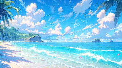Coco Palms on a Tropical Paradise Beach, swaying palms against a backdrop of turquoise waters and a clear blue sky, embodying serene island beauty and relaxation.