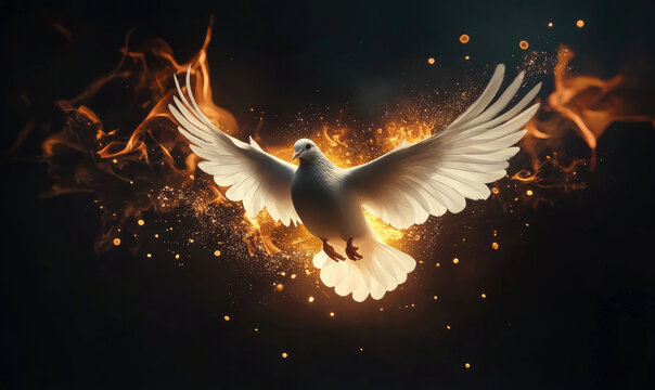 AI-Generated White Dove in Flight with Fiery Effect on Dark Background: Symbol of Peace and Holy Spirit's Gifts