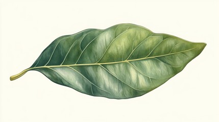 Fototapeta premium Single green leaf illustration with detailed veins and texture on white background.