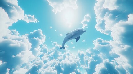 Fototapeta premium A dolphin gracefully leaps through a vibrant, sunlit sky amidst fluffy white clouds.