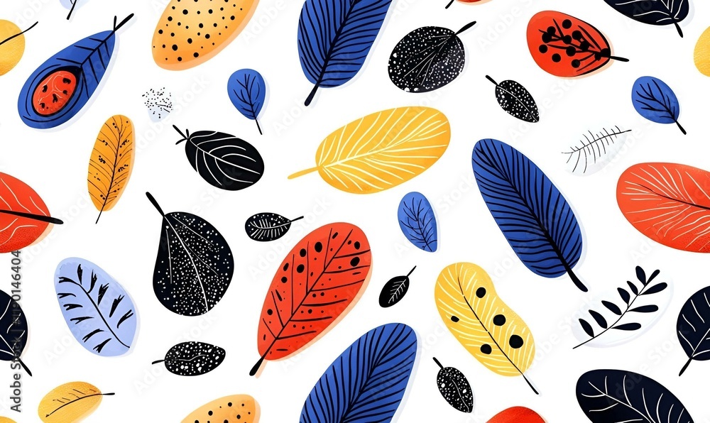 Poster vibrant abstract feathers, a colorful display of various feather shapes and patterns, showcasing int