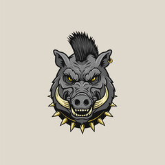A fierce illustration of a wild boar head featuring a mohawk, spiked collar, and intense expression.