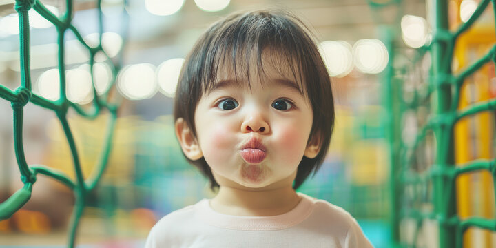 A cute little Asian child with short black hair, wearing light pink and white long sleeves, making kissy face at an indoor playground, generative AI