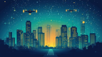 Fototapeta premium Futuristic city skyline at night with flying vehicles.
