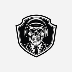 Black silhouette skull is listening to music through Headphones logo template
