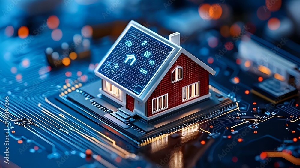 Poster smart home automation system, sleek icon representing interconnected devices, enhancing convenience 
