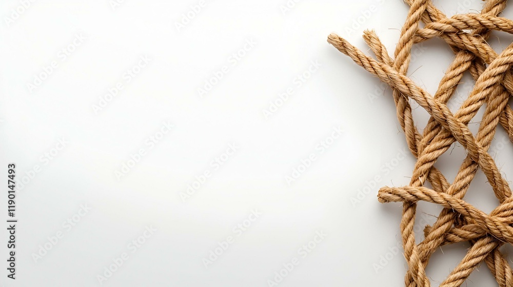 Poster tangled jute rope on white background, an intricate display of intertwined fibers showcasing texture
