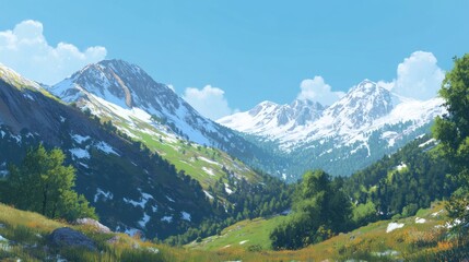 Obraz premium Sunny mountain valley landscape with snow-capped peaks, green meadows, and forests.