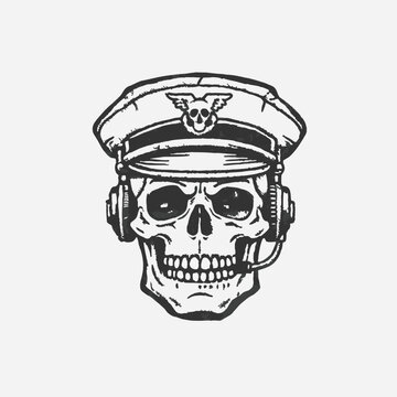 Skull with headphones. Black silhouette scull, abstraction for tattoo, evil logo vector icon illustration, skull music logo template