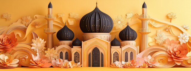 Elegant 3D Paper Art Mosque with Floral Design: A Festive Islamic Architectural Masterpiece
