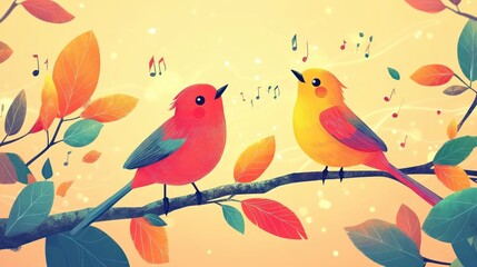 Fototapeta premium Two colorful birds singing on a branch with autumn leaves.