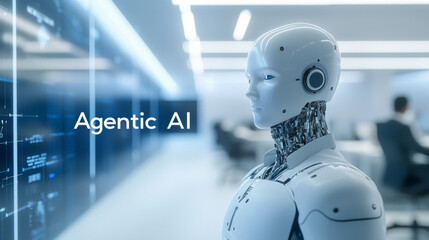 Futuristic AI robot in modern office with text Agentic AI on neutral background.