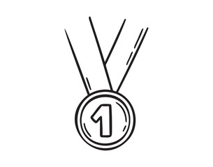 First place medal winner award doodle hand drawn icon. Outline drawing 1 place medal line clipart symbol