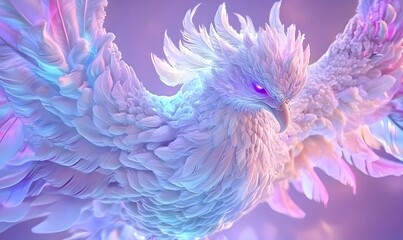 Fototapeta premium Snow Phoenix Ascendance, a breathtaking ice sculpture of a phoenix in mid-flight, shimmering with ethereal light and intricate details.