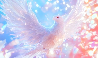 Obraz premium Snow Phoenix Ascendant, an ethereal sculpture of a phoenix crafted from snow, gracefully soaring amidst a shimmering winter landscape.