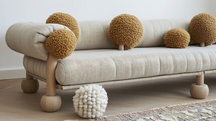 Fototapeta premium Elegant Beige Sofa Decorated With Fluffy Round Cushions