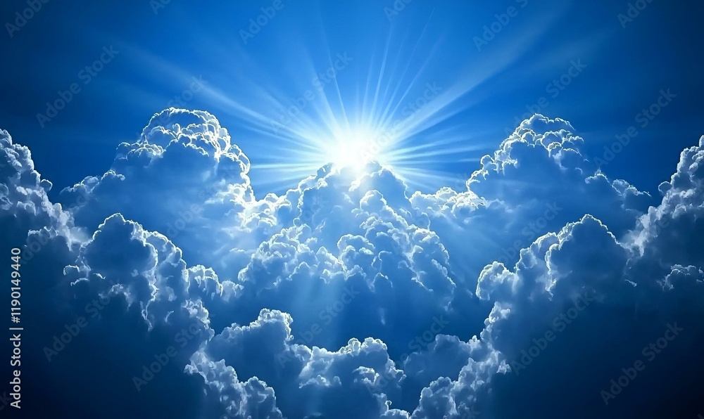Poster serene sky with sun rays, a tranquil scene featuring soft clouds illuminated by gentle sunlight, cre
