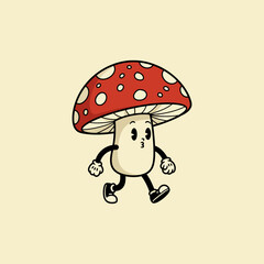 The image depicts a cute cartoon mushroom character with red and white dots walking in a retro style.