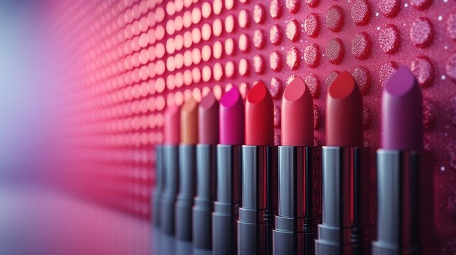 Fototapeta wallpaper with smooth surfaces and rows of standing matte lipstick bullets in various shades of re