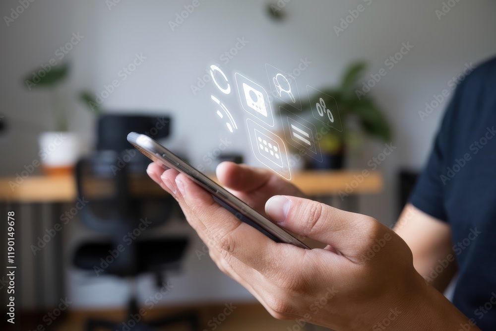 Poster person using smartphone with digital interface displayed