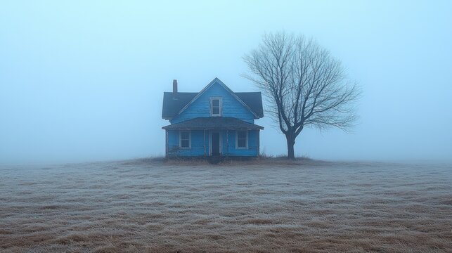 Foggy field with abandoned blue house. - Powered by Adobe