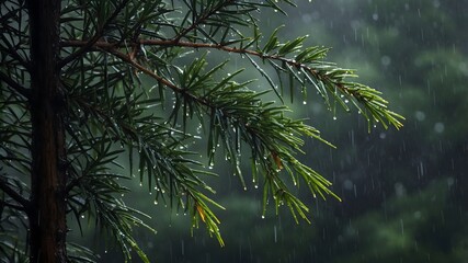 Obraz premium Misty Forest: Pacific Yew Tree with Dew-Kissed Needles on a Rainy Day