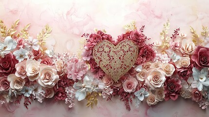 3D Watercolor Beautiful Roses and decorative heart, ideal for romantic themes and crafting.