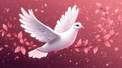Fototapeta premium white dove with olive branch on pastel pink background vector illustration