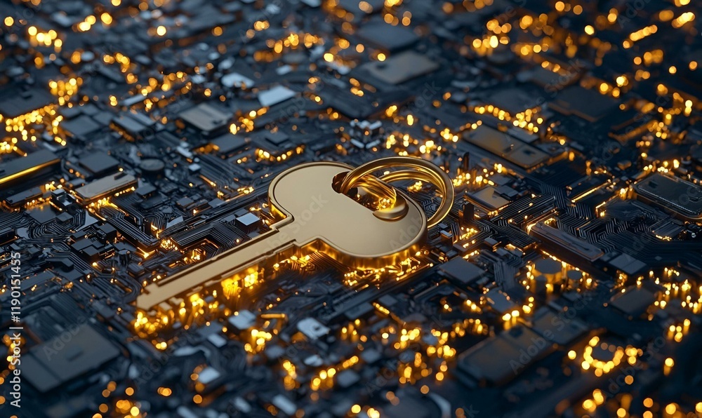 Poster glowing key unlocking digital safe, a secure key illuminates as it engages with a high-tech digital 