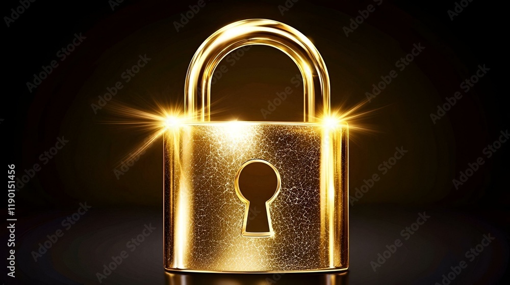 Poster golden lock: secure digital network, a glowing lock intertwined with a network of connections, repre