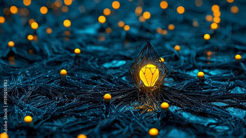 Poster digital security symbol, a luminous lock embedded in a network of interconnected lines, representing